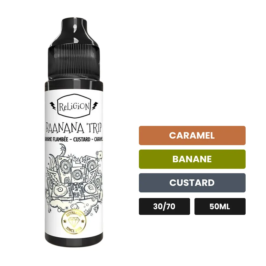 E-liquide Baanana Trip de Religion Juice, 50 ml, saveurs caramel, banane et custard.