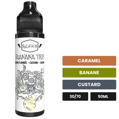 E-liquide Baanana Trip de Religion Juice, 50 ml, saveurs caramel, banane et custard.