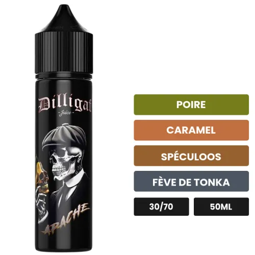 E-liquide Apache, 50 ml, saveurs poire, caramel, spéculoos et 2 autres.