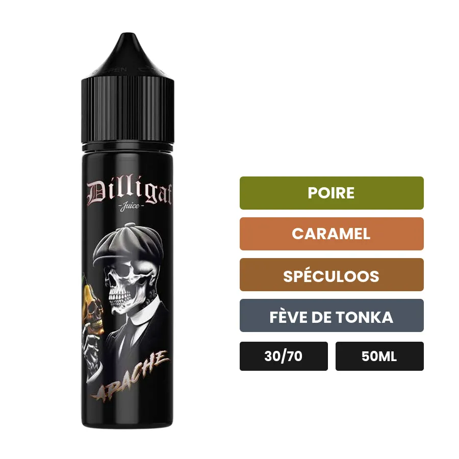 E-liquide Apache, 50 ml, saveurs poire, caramel, spéculoos et 2 autres.