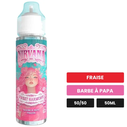 E-liquide Sweet Harmony de Nirvana, 50 ml, saveurs fraise et barbe à papa.