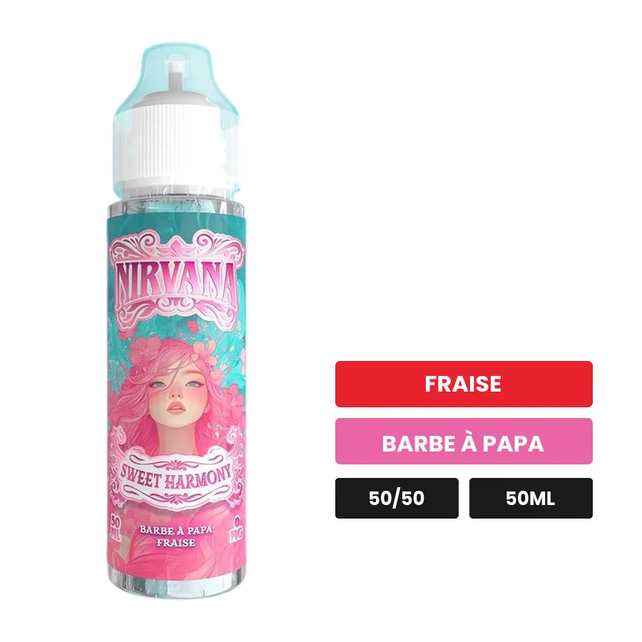 E-liquide Sweet Harmony de Nirvana, 50 ml, saveurs fraise et barbe à papa.