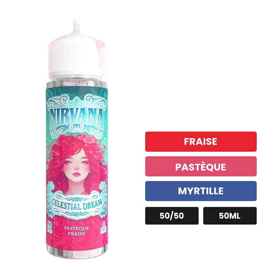 E-liquide Celestial Dream, 50 ml, saveurs fraise, pastèque et myrtille.