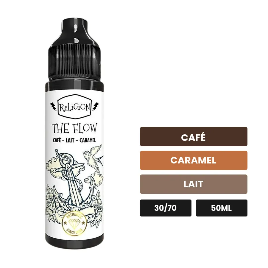 E-liquide The Flow de Religion Juice, 50 ml, saveurs café, caramel et lait.
