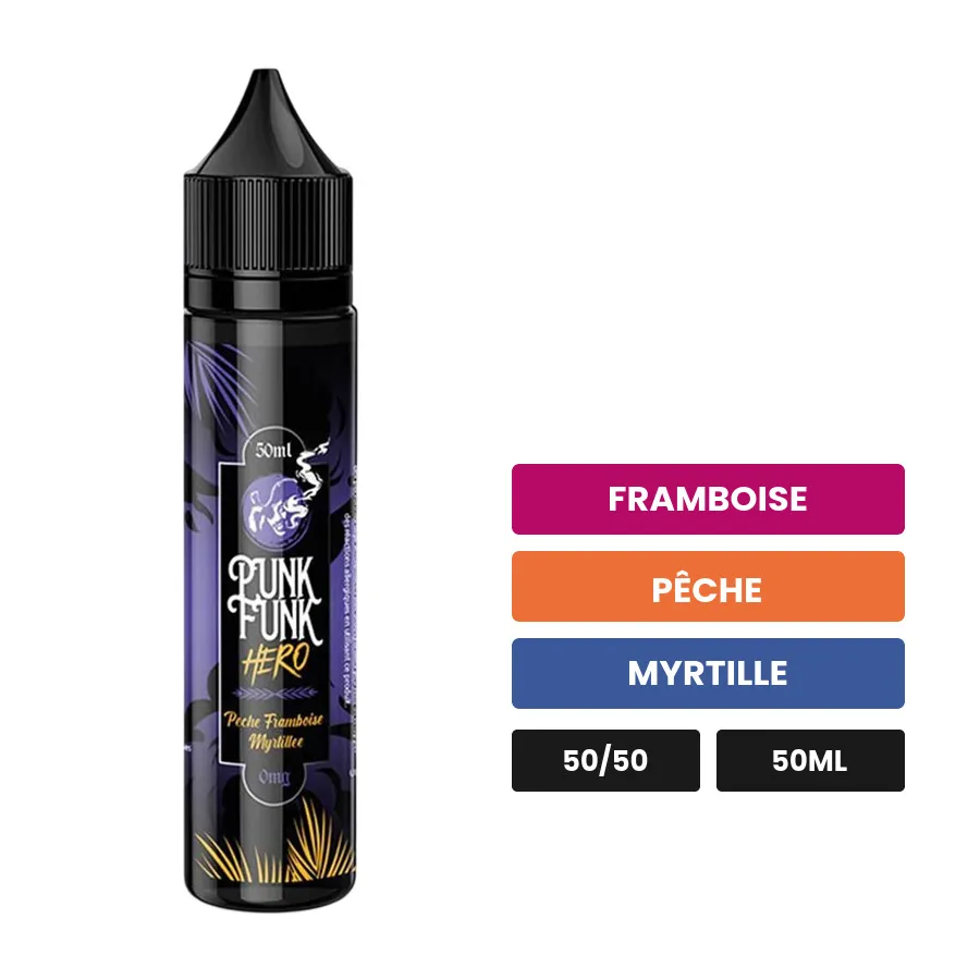 E-liquide Pêche Framboise Myrtille de Punk Funk Hero, 50 ml, saveurs framboise, pêche et myrtille.