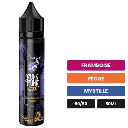 E-liquide Pêche Framboise Myrtille de Punk Funk Hero, 50 ml, saveurs framboise, pêche et myrtille.