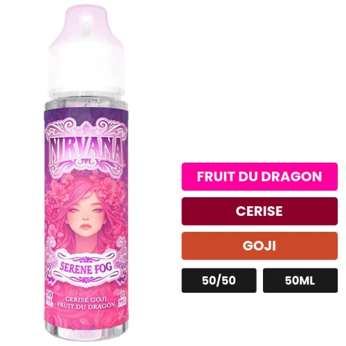 E-liquide Serene Fog de Nirvana, 50 ml, saveurs fruit du dragon, cerise et goji.
