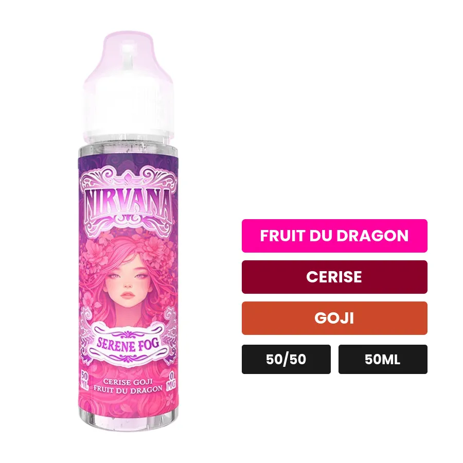 E-liquide Serene Fog de Nirvana, 50 ml, saveurs fruit du dragon, cerise et goji.