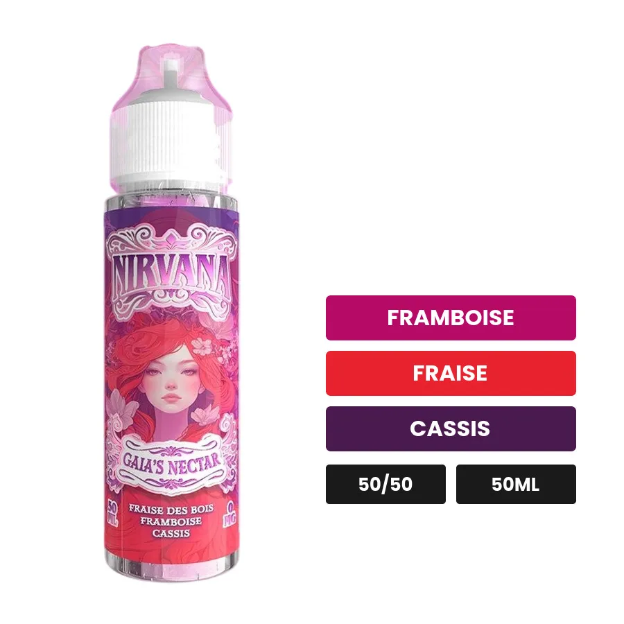 E-liquide Gaia's Nectar de Nirvana, 50 ml, saveurs framboise, fraise et cassis.