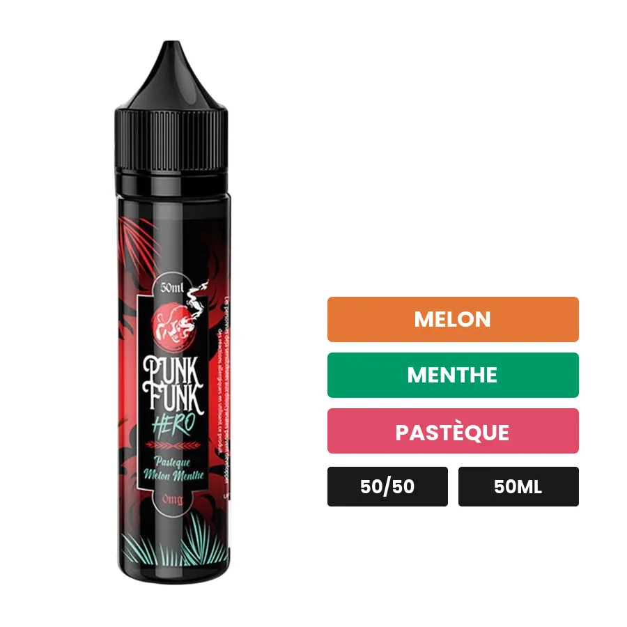 E-liquide Pastèque Melon Menthe de Punk Funk Hero, 50 ml, saveurs melon, menthe et pastèque.
