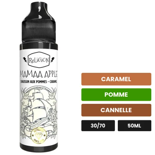 E-liquide Mamaa Apple de Religion Juice, 50 ml, saveurs caramel, pomme et cannelle.