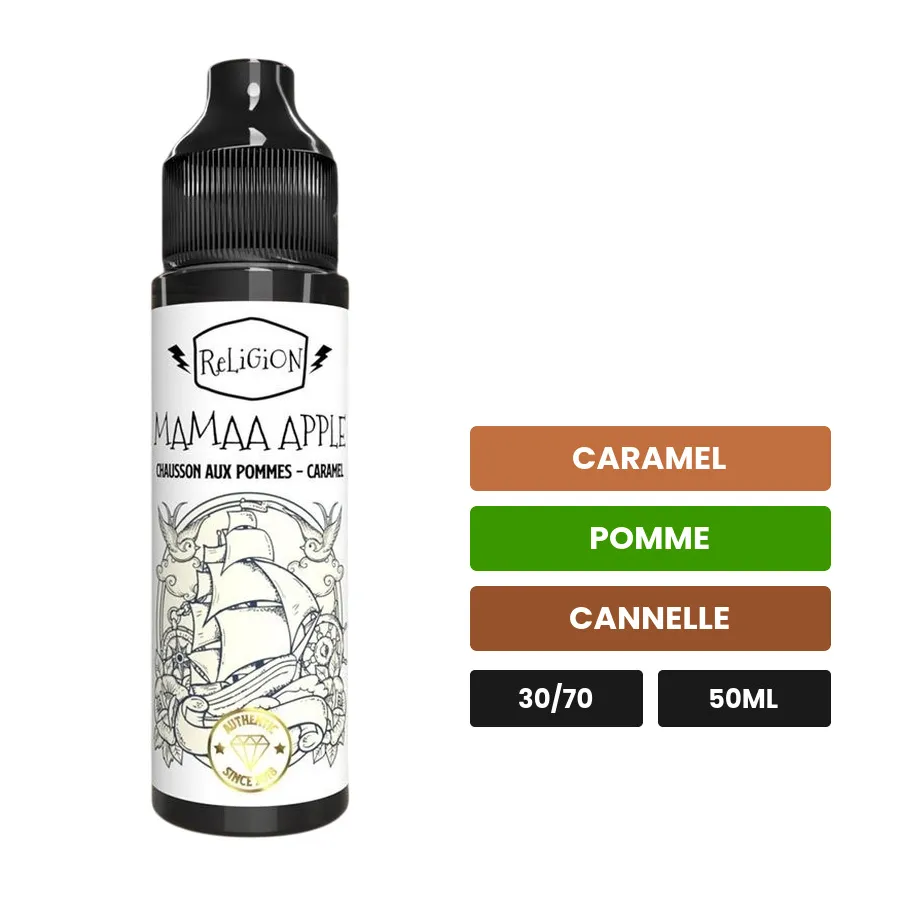 E-liquide Mamaa Apple de Religion Juice, 50 ml, saveurs caramel, pomme et cannelle.