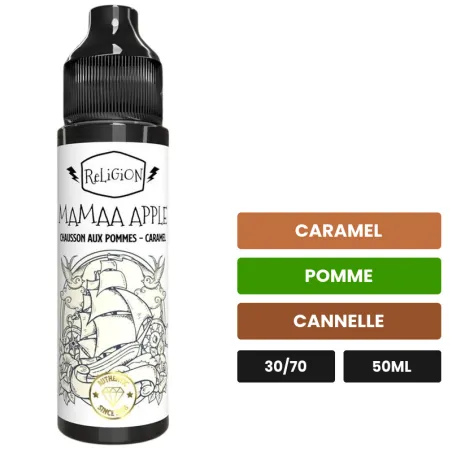 E-liquide Mamaa Apple de Religion Juice, 50 ml, saveurs caramel, pomme et cannelle.