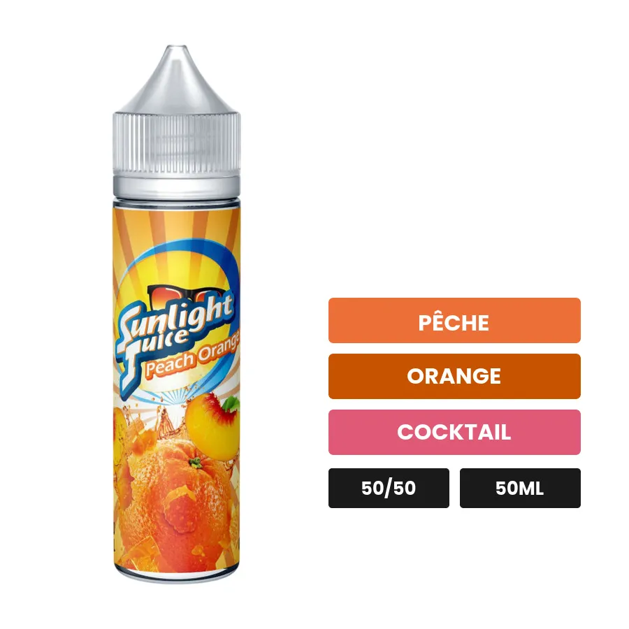 E-liquide Peach Orange de Sunlight Juice, 50 ml, saveurs pêche, orange et cocktail.