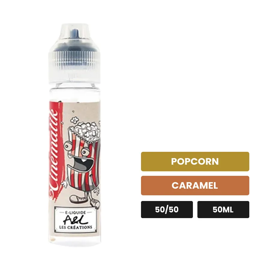E-liquide Cinematik d'A&l, 50 ml, saveurs popcorn et caramel.