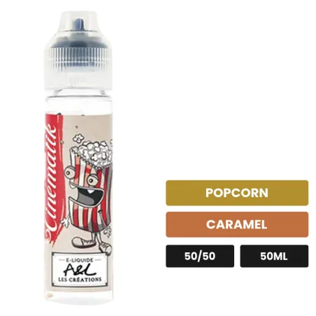 E-liquide Cinematik d'A&l, 50 ml, saveurs popcorn et caramel.