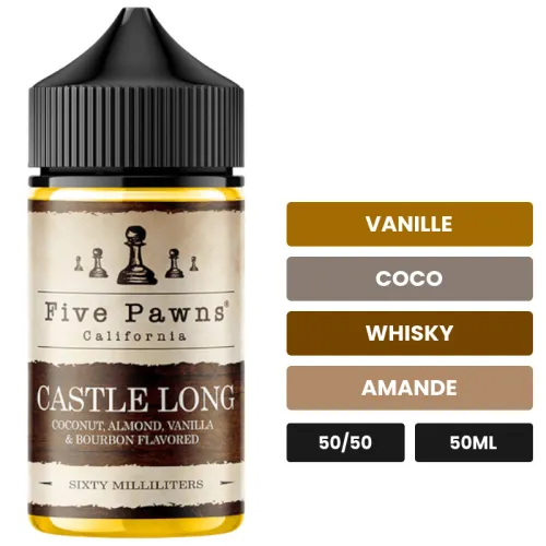 E-liquide Castle Long de Five Pawns, 50 ml, saveurs vanille, coco, whisky et 1 autre.
