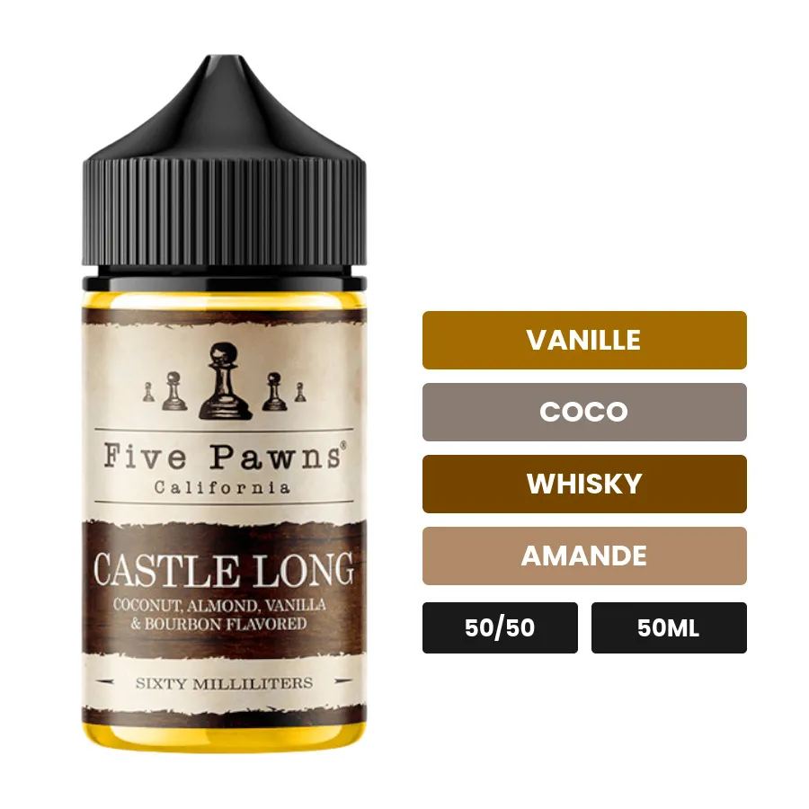 E-liquide Castle Long de Five Pawns, 50 ml, saveurs vanille, coco, whisky et 1 autre.
