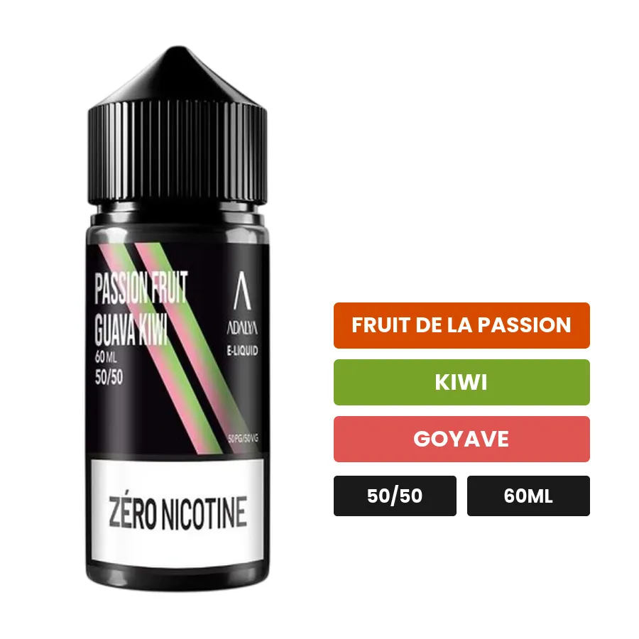 E-liquide Passion Fruit Guava Kiwi d'Adalya, 60 ml, saveurs fruit de la passion, kiwi et goyave.