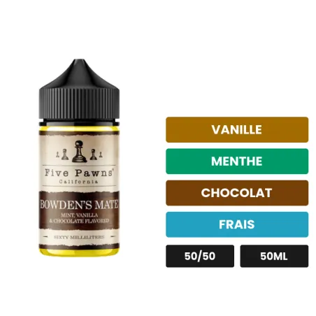 E-liquide Bowden'S Mate de Five Pawns, 50 ml, saveurs vanille, menthe, chocolat et 1 autre.