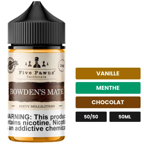 E-liquide Bowden'S Mate de Five Pawns, 50 ml, saveurs vanille, menthe et chocolat.