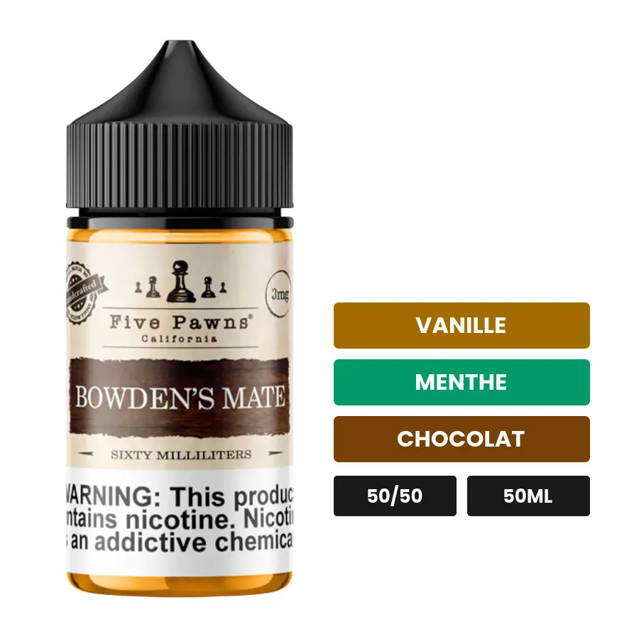 E-liquide Bowden'S Mate de Five Pawns, 50 ml, saveurs vanille, menthe et chocolat.
