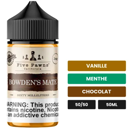 E-liquide Bowden'S Mate de Five Pawns, 50 ml, saveurs vanille, menthe et chocolat.