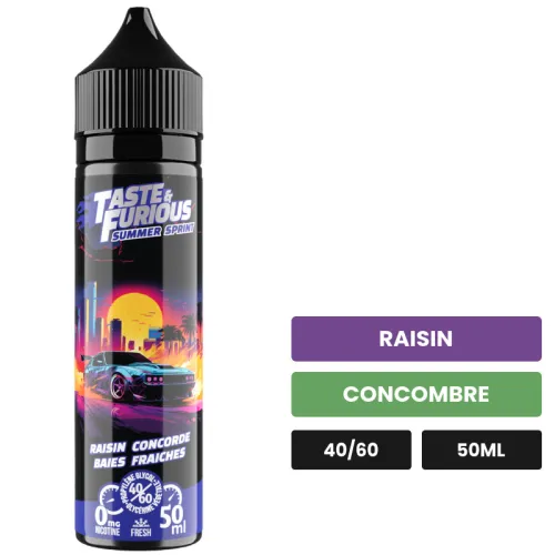 E-liquide Summer Sprint de Taste & Furious, 50 ml, saveurs raisin et concombre.