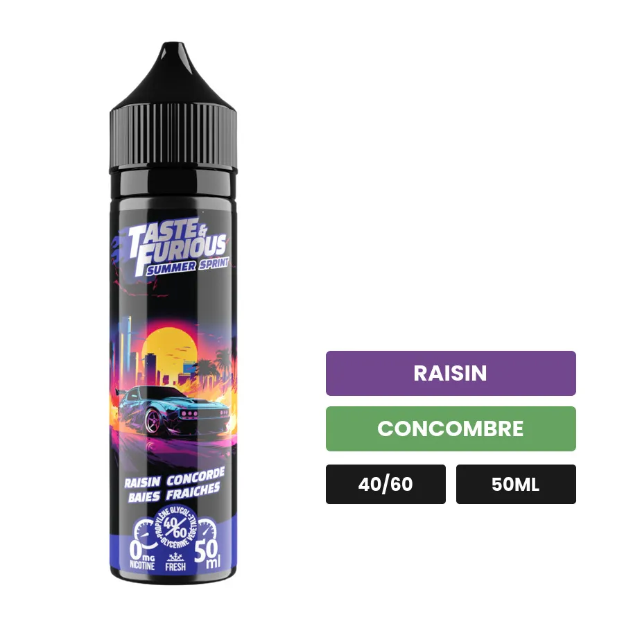 E-liquide Summer Sprint de Taste & Furious, 50 ml, saveurs raisin et concombre.