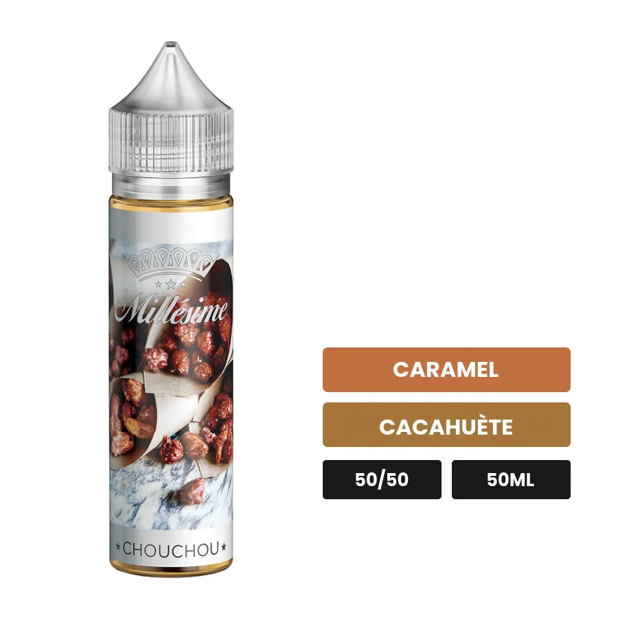 E-liquide Chouchou de Millésime, 50 ml, saveurs caramel et cacahuète.