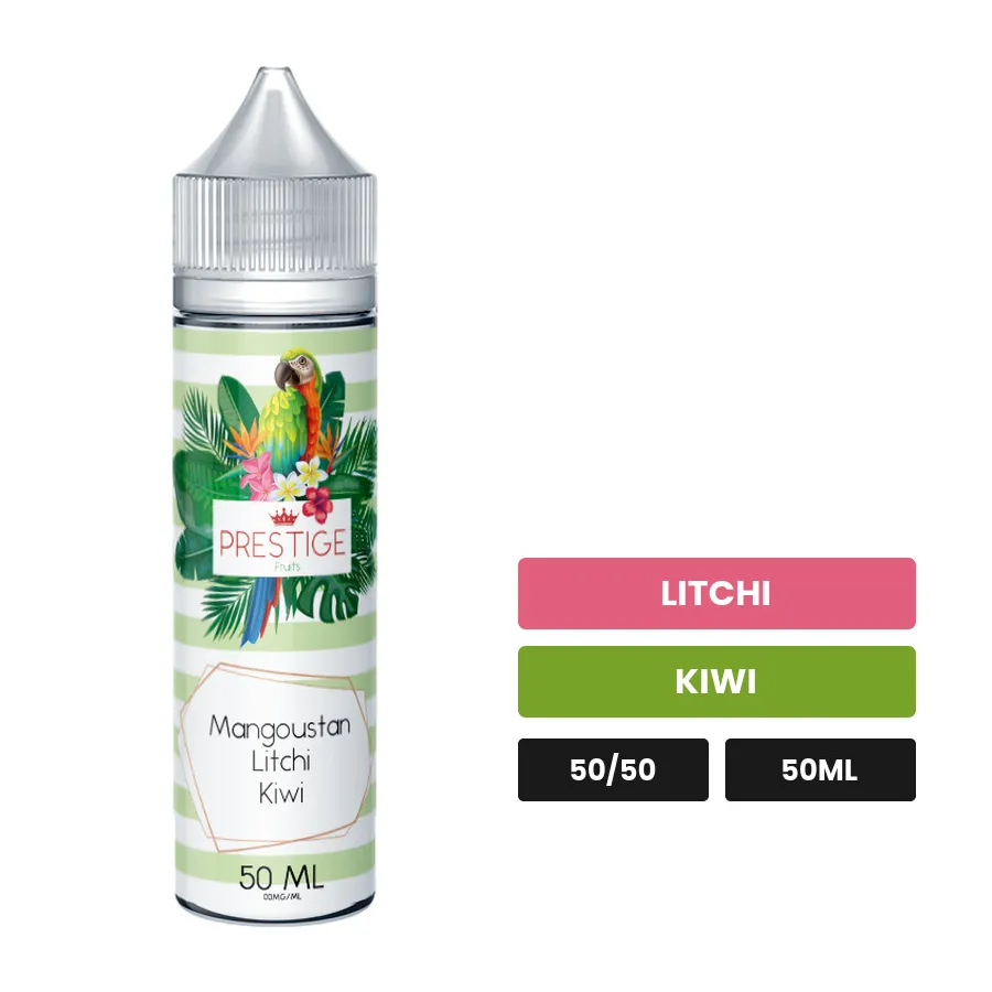 E-liquide Mangoustan, Litchi, Kiwi de Prestige Fruits, 50 ml, saveurs litchi et kiwi.