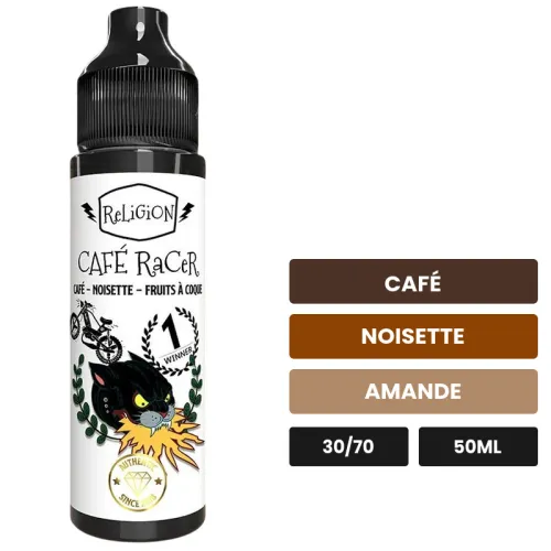 E-liquide Café Racer de Religion Juice, 50 ml, saveurs café, noisette et amande.