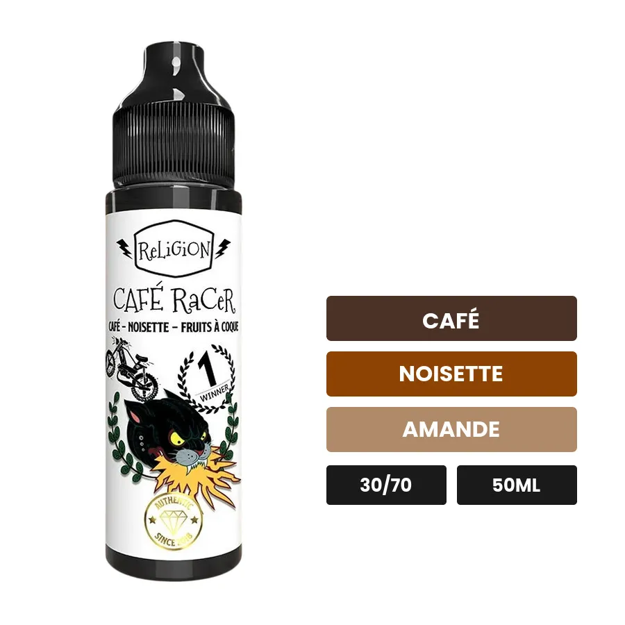 E-liquide Café Racer de Religion Juice, 50 ml, saveurs café, noisette et amande.