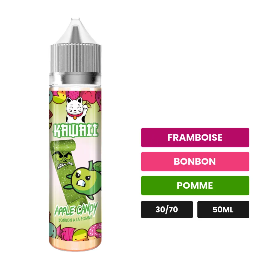 E-liquide Apple Candy de Kawaii, 50 ml, saveurs framboise, bonbon et pomme.