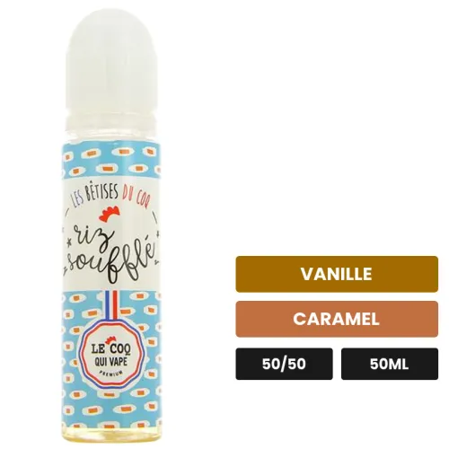 E-liquide Riz Soufflé de Le Coq Qui Vape, 50 ml, saveurs vanille et caramel.