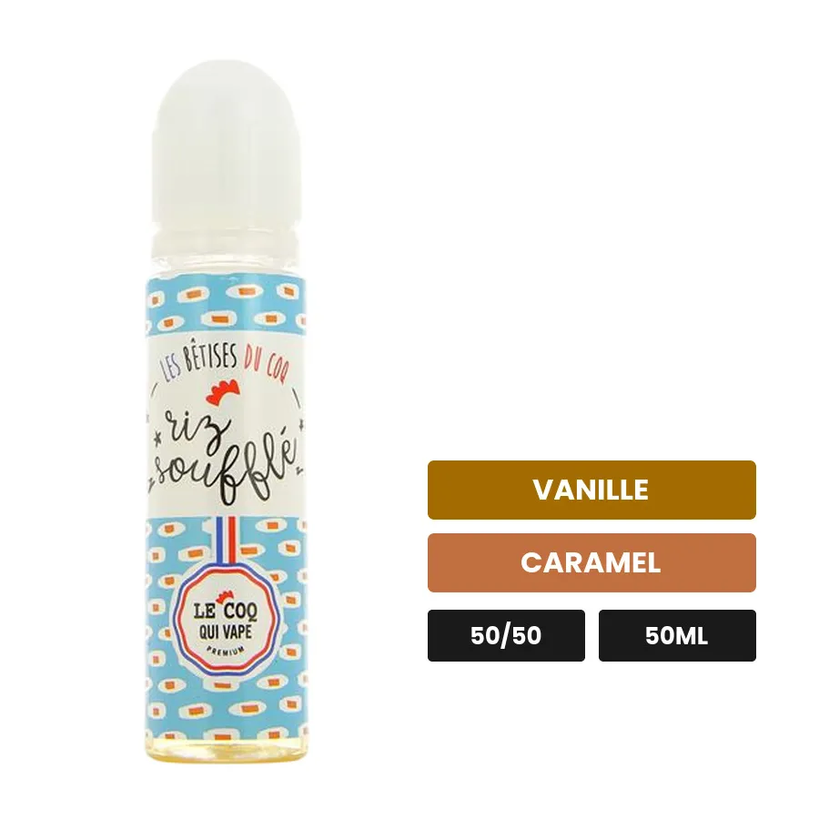 E-liquide Riz Soufflé de Le Coq Qui Vape, 50 ml, saveurs vanille et caramel.