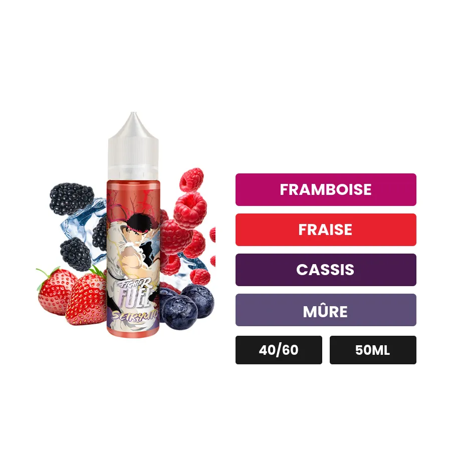 E-liquide Seiryuto de Maison Fuel, 50 ml, saveurs framboise, fraise, cassis et 4 autres.