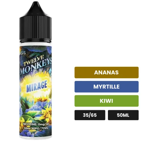 E-liquide Mirage - Oasis de 12 Monkeys, 50 ml, saveurs ananas, myrtille et kiwi.