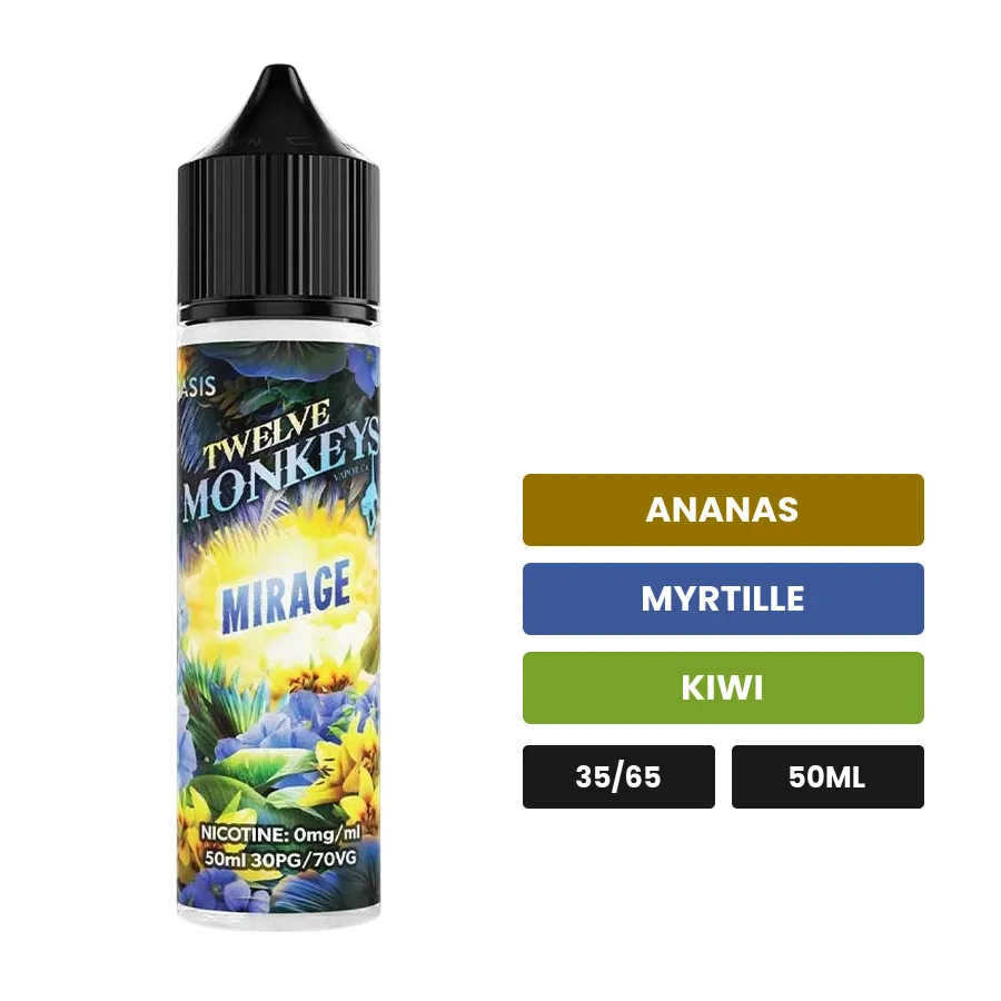 E-liquide Mirage - Oasis de 12 Monkeys, 50 ml, saveurs ananas, myrtille et kiwi.