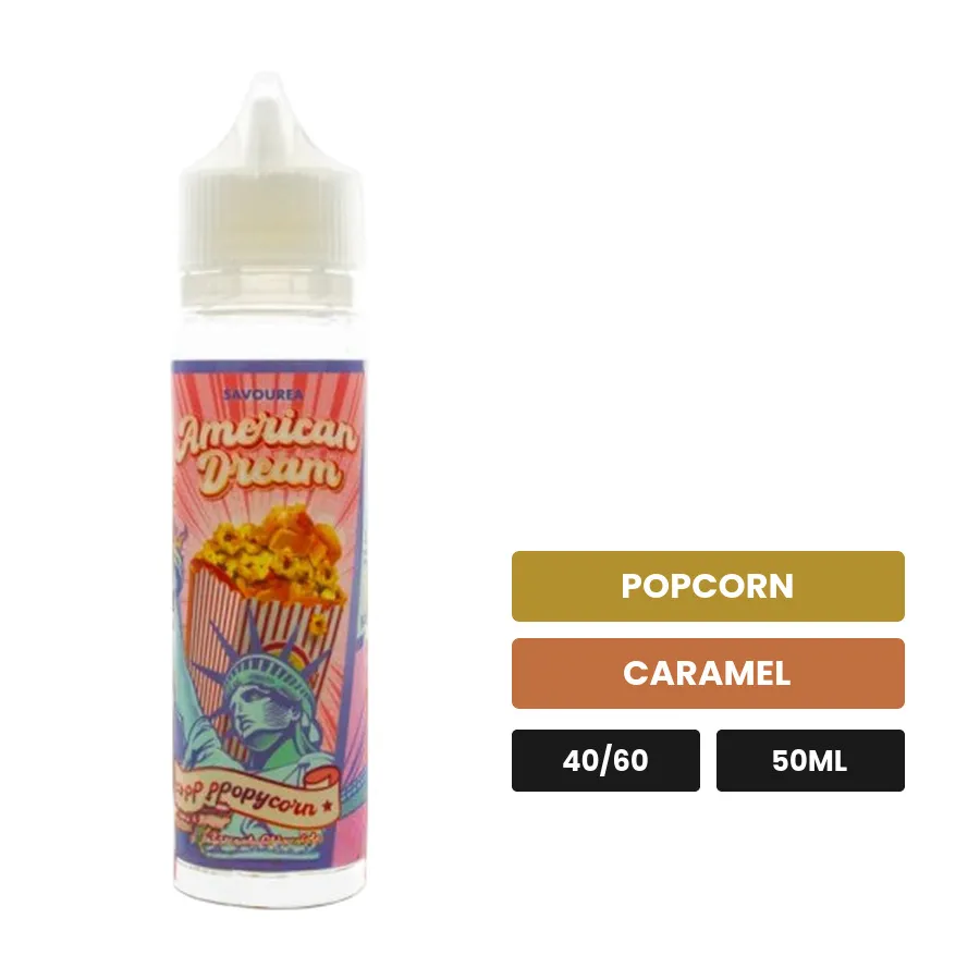E-liquide Popycorn American Dream de Savourea, 50 ml, saveurs popcorn et caramel.