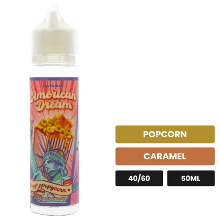 E-liquide Popycorn American Dream de Savourea, 50 ml, saveurs popcorn et caramel.