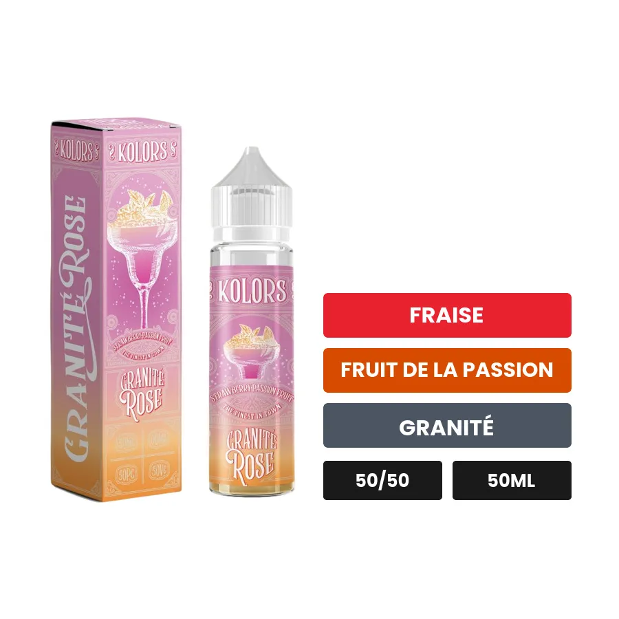 E-liquide Granité Rose de Kolors, 50 ml, saveurs fraise, fruit de la passion et granité.