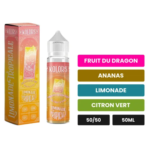 E-liquide Limonade Tropicale de Kolors, 50 ml, saveurs fruit du dragon, ananas, limonade et 1 autre.