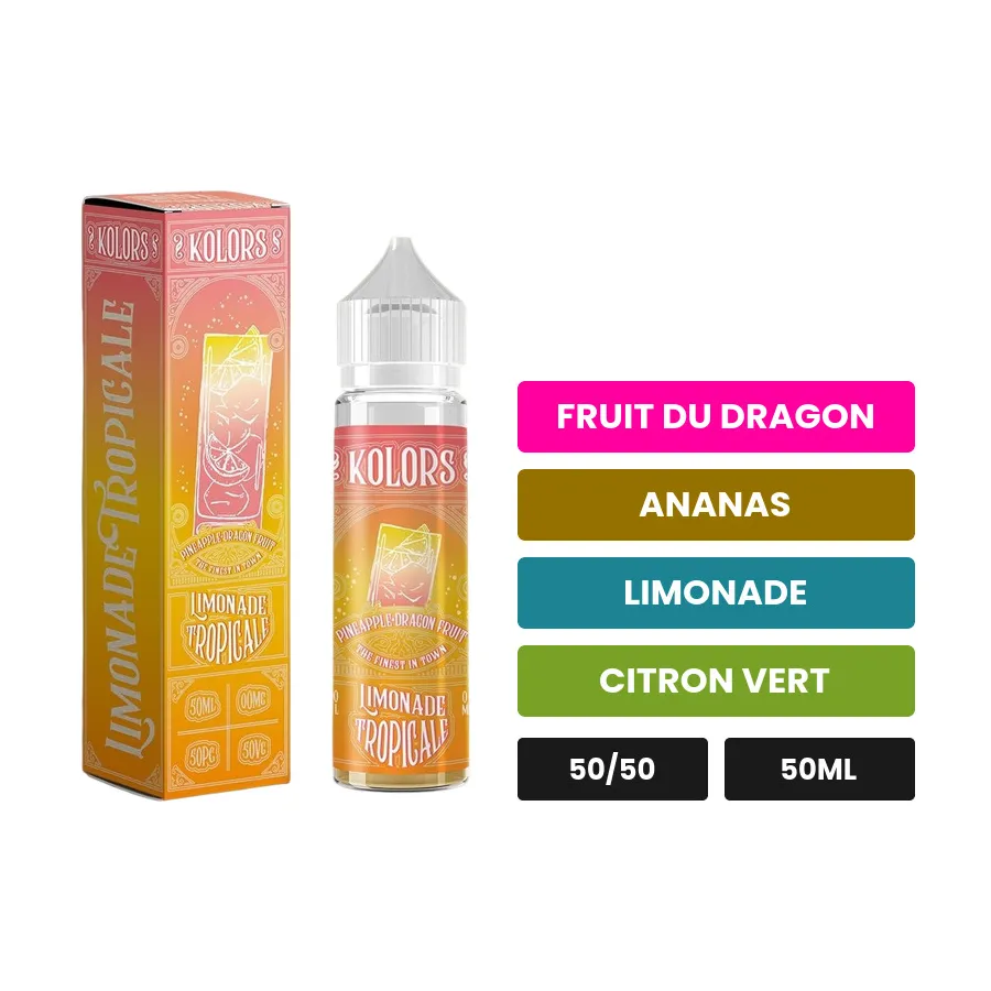 E-liquide Limonade Tropicale de Kolors, 50 ml, saveurs fruit du dragon, ananas, limonade et 1 autre.