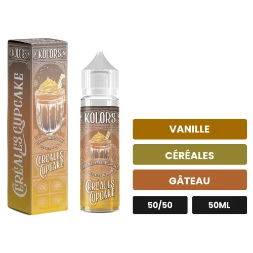 E-liquide Céréales Cupcake de Kolors, 50 ml, saveurs vanille, céréales et gâteau.