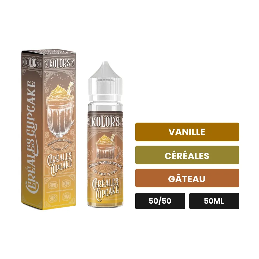 E-liquide Céréales Cupcake de Kolors, 50 ml, saveurs vanille, céréales et gâteau.