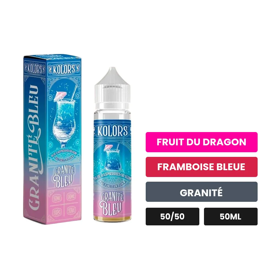E-liquide Granité Bleu de Kolors, 50 ml, saveurs fruit du dragon, framboise bleue et granité.