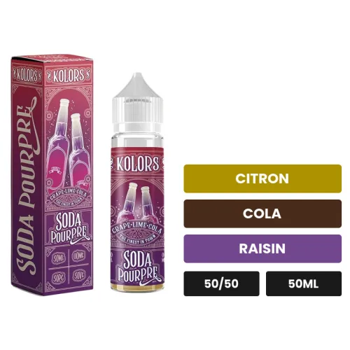 E-liquide Soda Pourpre de Kolors, 50 ml, saveurs citron, cola et raisin.