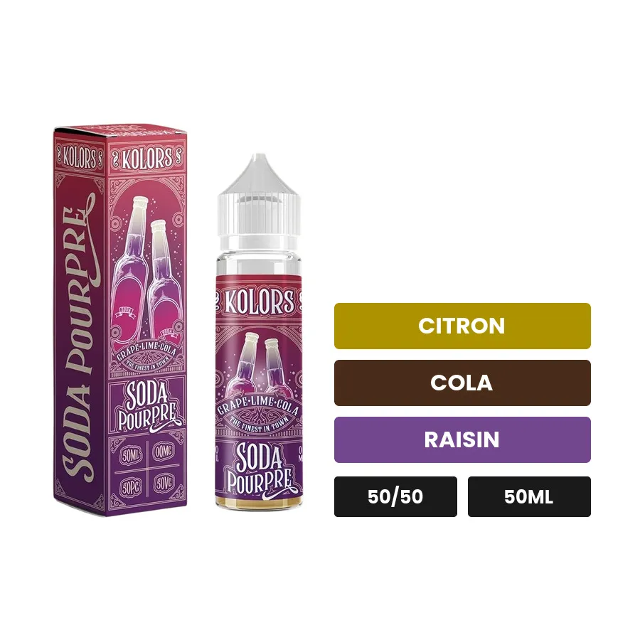 E-liquide Soda Pourpre de Kolors, 50 ml, saveurs citron, cola et raisin.