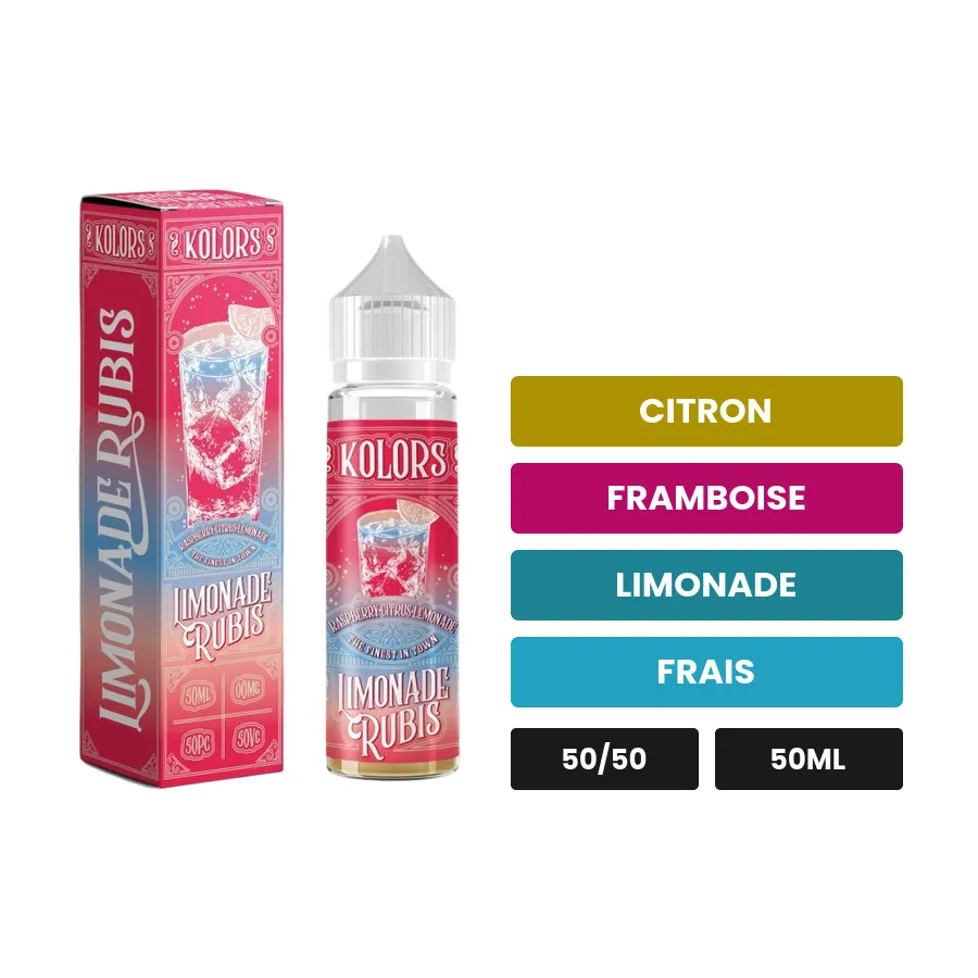 E-liquide Limonade Rubis de Kolors, 50 ml, saveurs citron, framboise, limonade et 1 autre.